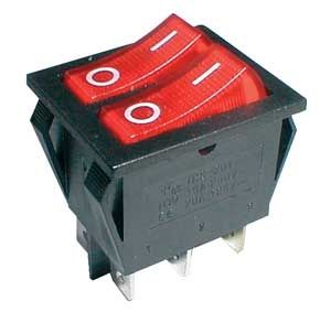 Přepínač kolébkový 2x(2pol./3pin) ON-OFF 250V/15A prosvětlený červený