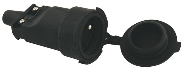 Zásuvka gumová černá 230AC, 250V 16A, IP 65 vodotěsná, na kabel, prodlužku