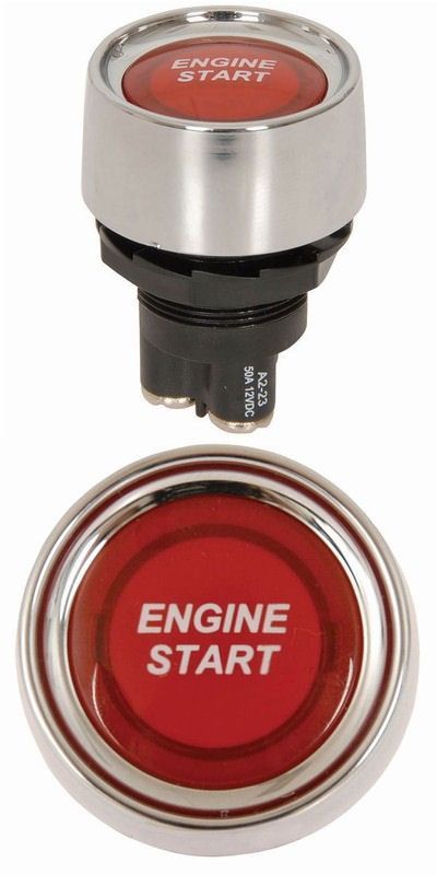 Tlačítko start spínací s nápisem ENGINE START podsvícené, červená, do interiéru, palubní desky, pro nastartování motoru 12VDC/50A, montážní otvor 22mm, průměr chromového kroužku 32mm, do auta, tunning