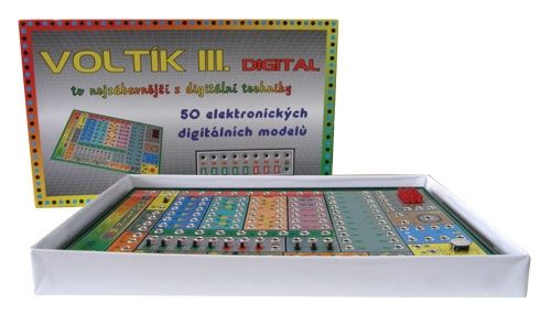 Elektronická digitální stavebnice VOLTÍK III. naučná pro začátečníky, bliká, svítí, houká, zvuky, logické integrované obvody, čítač, paměť SRAM