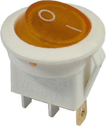 Kolébkový vypínač kulatý 1pol./3pin ON-OFF 1p.250V/6,5A bílý / prosvětlený žlutý s dout.