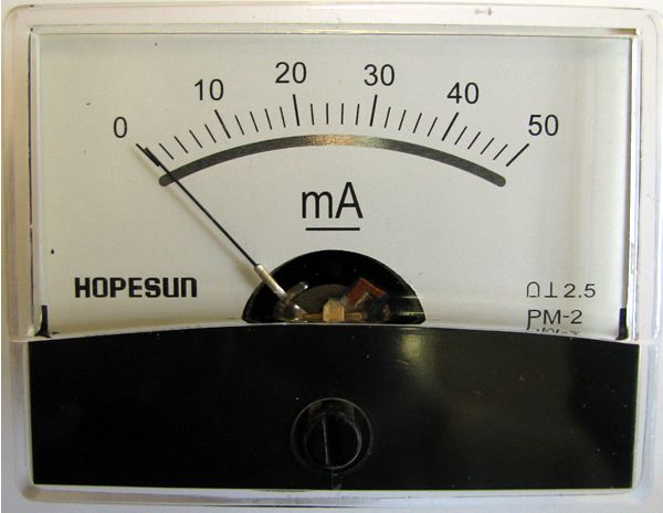 Panelové analogové měřidlo proudu, ampermetr PMA-50mA-DC 60x47mm, ručkové, 0-50mA