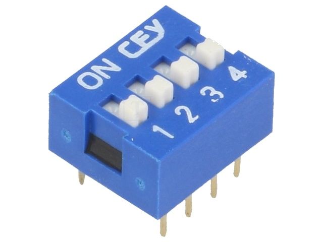 Spínač DIP SWITCH SW04 do DPS, ON-OFF 4x spínací kontakt, do desky plošného spoje