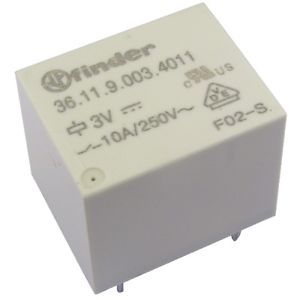 Relé FINDER 36.11.9.003.4011 3VDC 15A miniaturní 1x přepínací 5 A / max 250V AC, max 30V DC