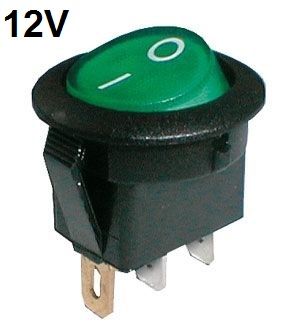Kolébkový vypínač kulatý prosvětlený 2pol./3pin ON-OFF 16A/12VDC zelený