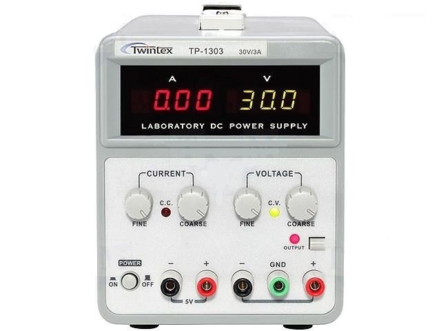 Zdroj laboratorní stolní regulovatelný TP-1305 0-30V/ 0-5A, 5VDC; 1A, Zdroj: laboratorní; Kanály:2; 0÷30VDC; 0÷5A; 5VDC; 1A, ochrana před přetížením, LED displej, zemnící svorka