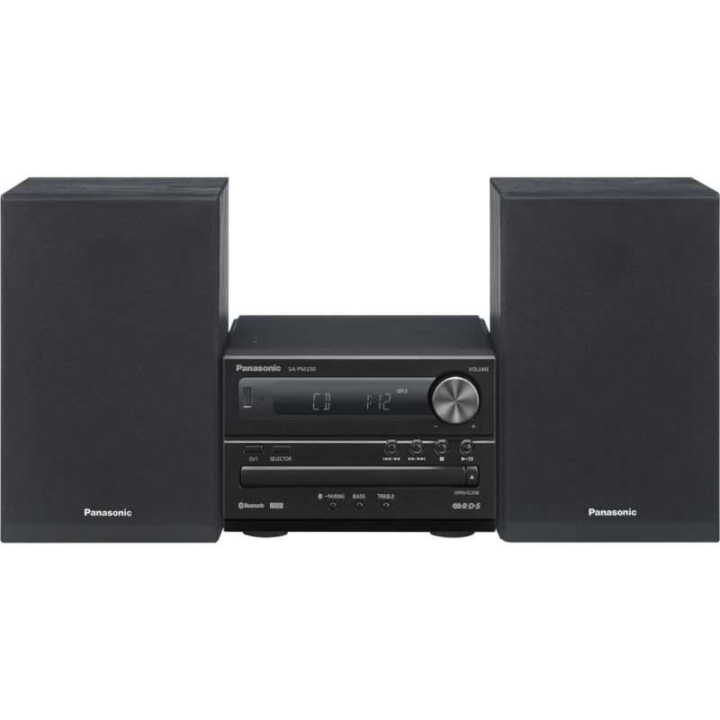 Mikrověž PANASONIC SC PM250EG-K mikrosystém 20W, CD, CD-R, RW, CD-DA, MP3, USB, Bluetooth, síťové funkce, Mechanika CD Barva stříbrná/černá Bluetooth USB vstup Výkon 2 x 10 Počet předvoleb tuneru 30 P