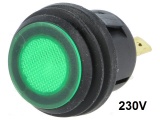 Tlačítko spínací OFF-ON T527B-G-IP65 podsvícené zelená 230V - do otvoru @20,2mm, s aretací 6A/250VAC, 2x spínací kontakt, SPST-NO, voděodolné, kryté, vodotěsné