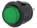 Tlačítko spínací s aretací OFF-ON R13-523BL-05-BRL1 podsvícené LED 12V DC zelená - do otvoru @16mm, spíná 1,5A/250VAC