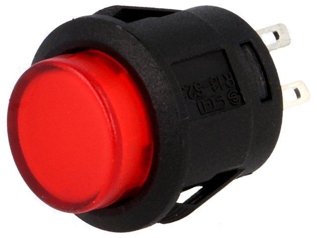 Tlačítko spínací s aretací OFF-ON R13523BL05BRL1 podsvícené LED 12V DC rudá - do otvoru @16mm, spíná 1,5A/250VAC