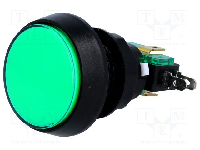 Tlačítko VAQ-9-10-12-G spínací/rozpínací 250V/10A mikrospínač podsvícení LED 12VDC zelené, otvor@ 24,5mm