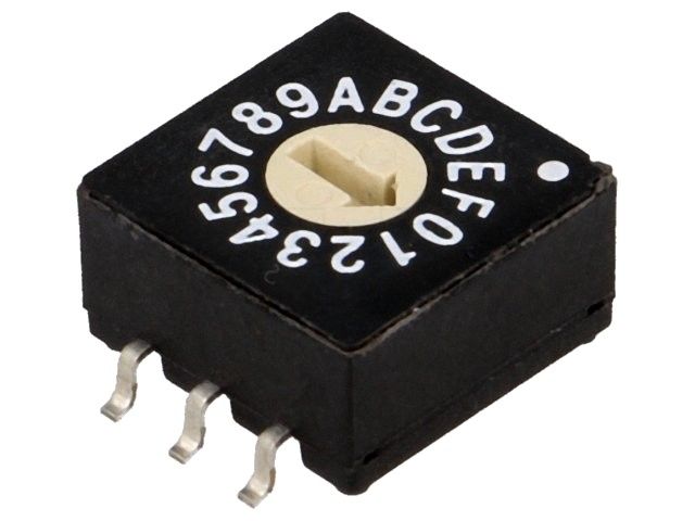 Kódový spínač ERD116RM-SMD 16 poloh HEX/BCD. Rozměry tělesa: 10 x 10 x 5.4mm