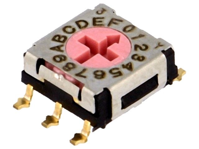 Kódový spínač ERD716RM-SMD 16 poloh HEX/BCD. Rozměry tělesa: 7.2 x 7.2 x 3.5mm