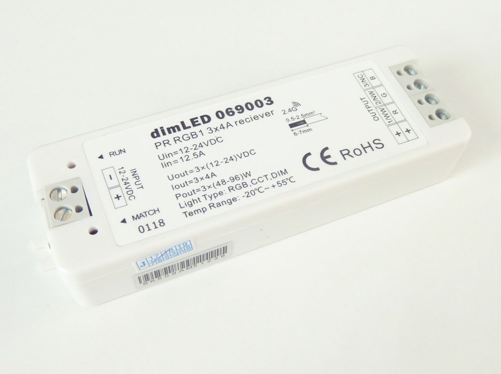 Přijímač dimLED PR RGB1 pro RGB LED pásky 12-24V, 3x4A na kanál, regulace jasu a barev (pro dálkové ovládání kód: 882520)