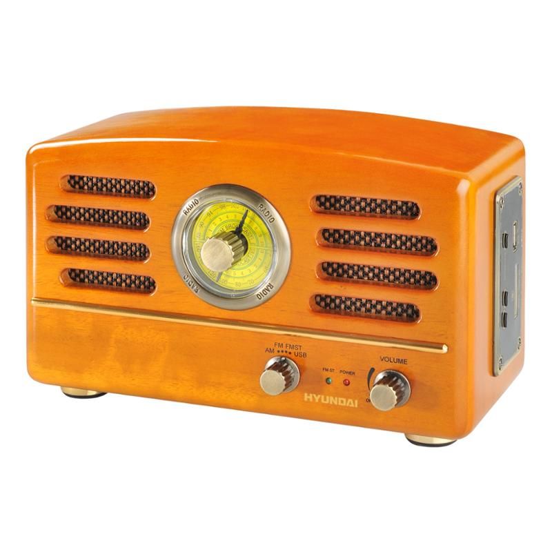 Retro stolní radiopřijímač Hyundai RA-302, USB, SD/MMC karty příjem AM/FM,  napájení 230V AC, dub dřevo
