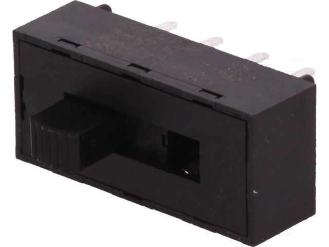 Posuvný přepínač 3 polohy/8 pinů-2 pólový ON-ON-ON, C&K L203011MS02Q, DP3T (2x přepínací kontakt 3 polohy), 2A/250VAC