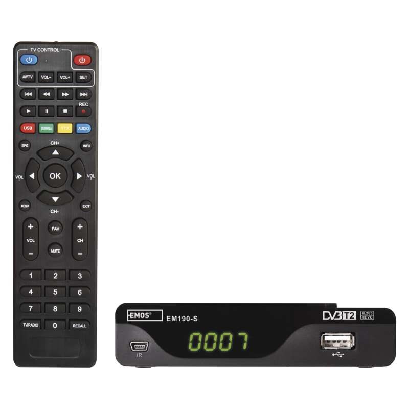 Set box EM190-S HD HEVC H265 (DVB-T2) set-top box, přijímač, USB, přijímač pro příjem digitálního pozemního TV s možností nahrávání přes USB port, mpeg 2, mpeg 4, h.264, h.265, HEVC, 1× USB 2.0, 1× HD