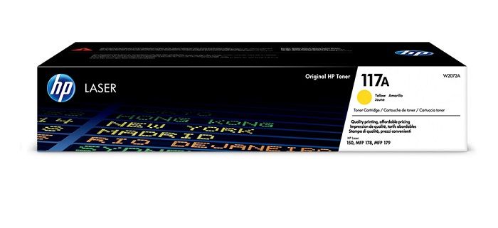 HP 117A YELLOW (W2072A) Žlutý originální toner má kapacitu tisku až 700 stran A4 při 5% pokrytí. Pro tiskárnu HP Color Laser 150a,150nw,178nw,179fnw