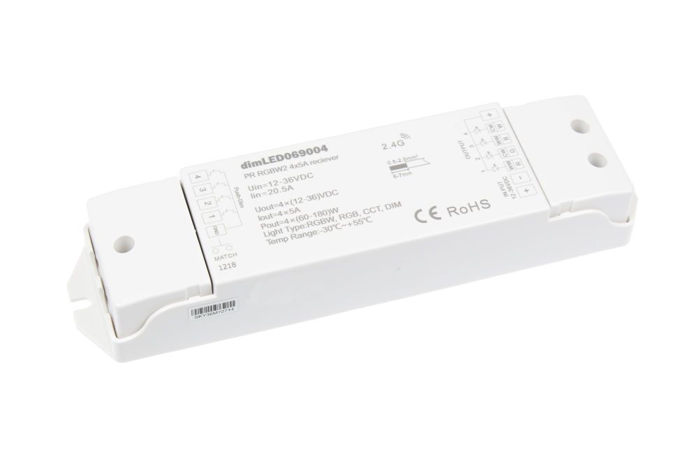 Přijímač dimLED PR RGBW2 pro RGBW pásky 12-36V, 4x5A na kanál, regulace jasu a barev