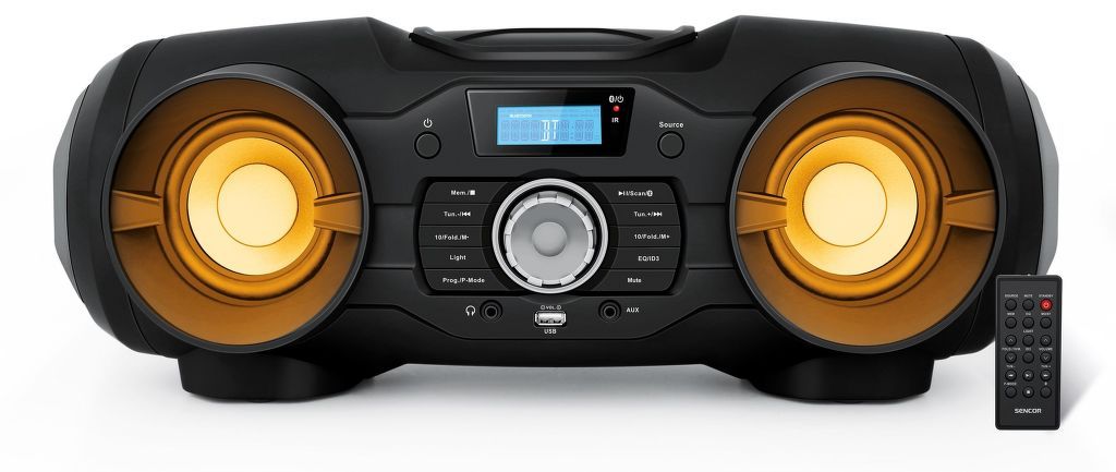 Radiomagnetofon SENCOR SPT 5800, Boombox s CD, BT, MP3, USB, AUX a FM rádiem, Výstupní výkon 25 W RMS (2 x 12,5 W), USB rozhraní, AUX-IN vstup pro připojení externího zařízení, Jack 3,5 mm AUX-OUT výstup pro připojení sluchátek, dálkové ovládání