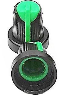 Přístrojový plastový knoflík pro hřídel @6mm, hmatník potenciometru s límcem a ukazatelem-ryskou, černo-zelený