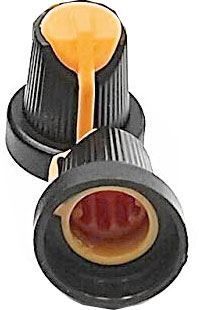 Přístrojový plastový knoflík pro hřídel @6mm, hmatník potenciometru s límcem a ukazatelem-ryskou, černo-oranžový