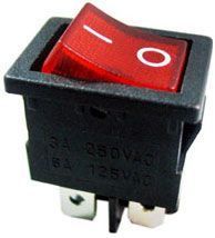 Přepínač vypinač kolébkový ON-OFF 250V/6A , 2 polohy 4piny na fastony prosvícený červený
