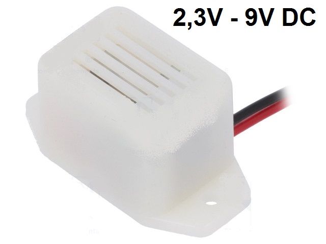 Bzučák elektromagnetický HF30 napětí 2,3V - 9V DC, tón bzučivý, vibrující, s napájecím kabelem, s přírubou, malý rozměr 22.7 x 16.6 x 15.6mm, nepřetržitý, výkon 75dB, Kmitočet 400Hz, elektroakustický