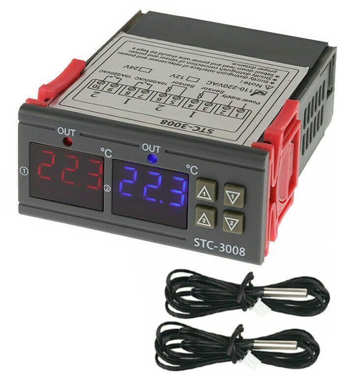 Digitální termostat duální STC-3008, -55° až +120°C, napájení 230VAC, modul. Dva nezávislé regulátory teploty v jednom zařízení