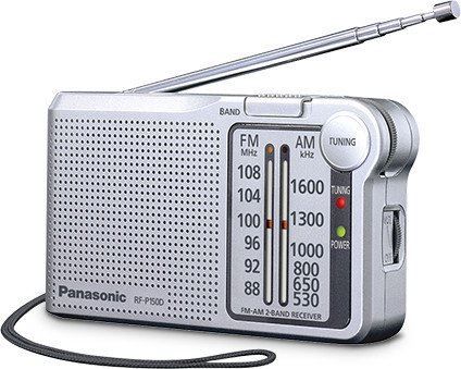 Radiopřijímač PANASONIC RF P150D stříbrný, FM/AM, kompaktní 2pásmové přenosné rádio, FM/AM tuner, baterie 2xAA(R6)