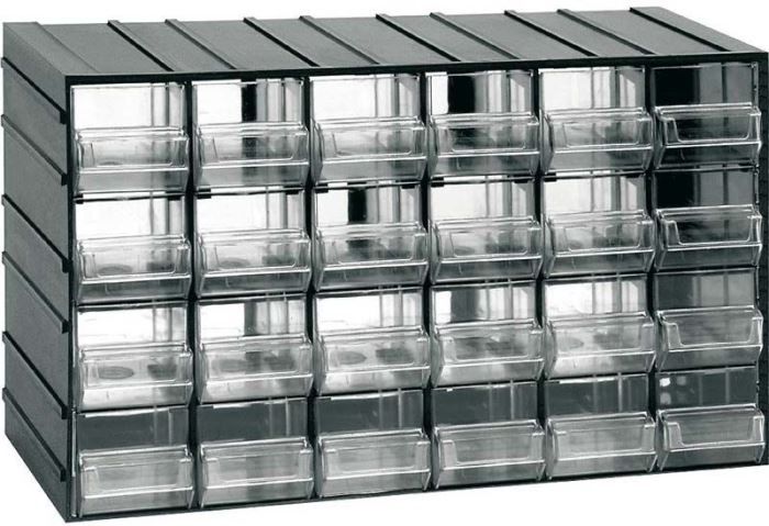 Závěsná skříňka stohovací, organizér, plastový, 382x230x148mm - 24 krabiček, stohovatelné do jakýchkoli rozměrů
