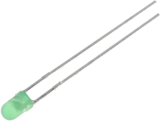 LED dioda 3mm zelená 565nm rozptylná 60° 2mcd 2mA
