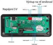 Modul do panelu MP3 s FM rádiem + Bluethoth 5.0, slot na micro SD kartu 16GB, USB+dálkové ovládání, napájení 5Vss,