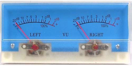 Panelové analogové měřidlo VU metr panelový 2x -20 až +5dB, 500uA, 116x51mm