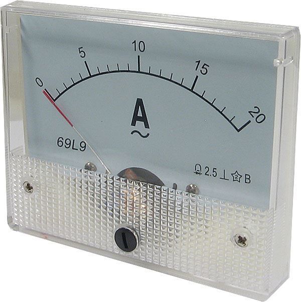 Panelové analogové (ručkové) měřidlo proudu 20A AC střídavý, přesnost 2,5%, včetně bočníku, 80x65mm