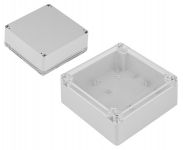 Plastová krabička průmyslová IP54 U-120-120 šedá, průhledná transparentní, rozměry Kryt: univerzální; X: 120mm; Y: 120mm; Z: 60mm; s mosaznými pouzdry z materiálu ABS, kvalitní, odolná