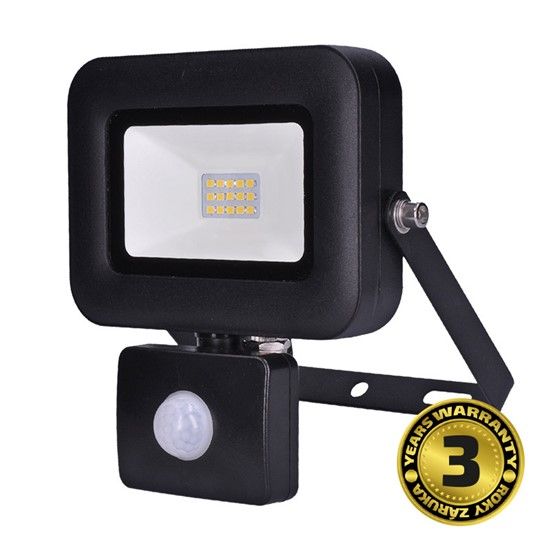 Reflektor LED venkovní s PIR čidlem, senzorem 10W/850lm SMD LED, 5000K studená bílá, AC 230V, černý