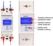 Elektroměr 1f DDS015 digitální LCD display jednofázový podružný měřič spotřeby, wattmetr na DIN lištu