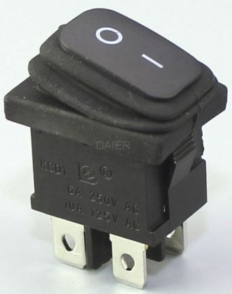 Přepínač-vypinač kolébkový KCD1-4, ON-OFF 250VAC/6A , 2polohy 4piny na fastony, vodotěsný IP65
