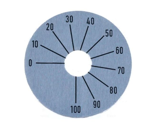 STUPNICE 2 číslovaná, pod potenciometr, ciferník 0 až 100, průměr 45mm, Rozsah stupnice 270°, 0 až 100, samolepící, stříbrný povrch