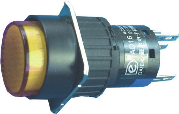 Tlačítko AD16 spínací/rozpínací bez aretace, 250VAC/5A, 30VDC/3A, podsvícení LED 5-15VDC žluté, otvor@ 16mm