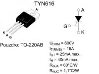 Tyristor TYN616RG 1000V/16A, Ig 25mA, pouzdro TO220AB