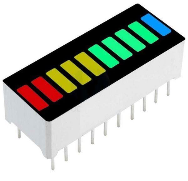 LED displej bargraf H2R3Y4P, 10 nezávislých segmentů, 1× modrý, 4× zelený, 3× žlutý, 2× červený