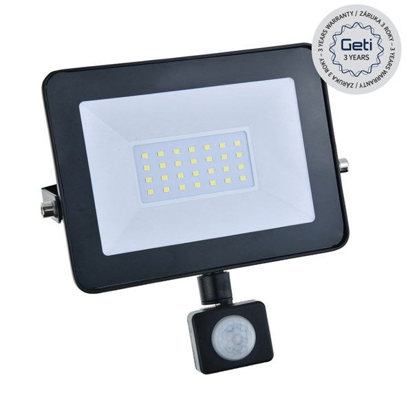 Reflektor LED venkovní s PIR čidlem, sensorem 30W, 4000 K - neutrální denní bílá, 2850lm, AC 230V, GETI GLF30P 30W, AC 230V, černý