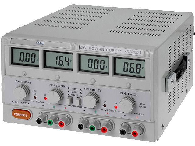 Zdroj laboratorní HF3003D-3 stolní 2x0-30VDC/0-3A + 5VDC/3A plynule regulovatelný 2×0–30V/2×0–3A, LCD displej AXIOMET