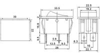 Přepínač vypinač kolébkový ON-OFF-ON 250V/15A , 3pol./6pinů na fastony, < O >, aretace v každé poloze.