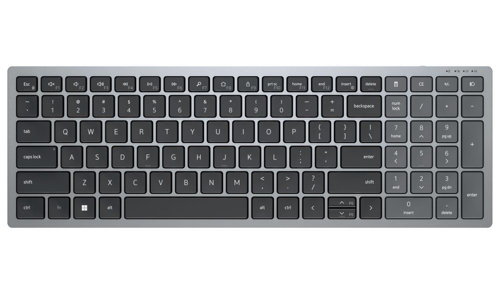 Bezdrátová klávesnice Dell KB740 CZ SK, české rozložení, QWERTZ, černo-šedá. Rozhraní: 2,4 GHz (USB adaptér), Bluetooth