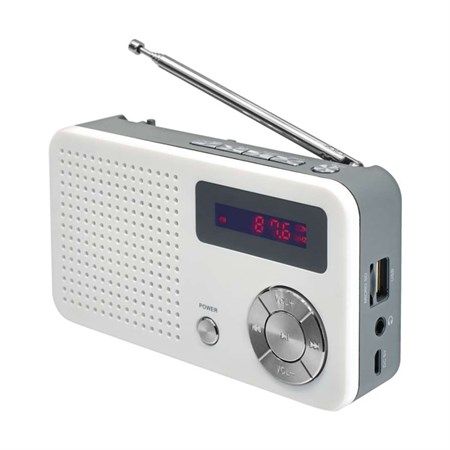 FM radiopřijímač 88–108 MHz EMOS EM-213, USB/MP3, výkonný a čistý zvuk, slot na microSD kartu, nabíjecí baterie.