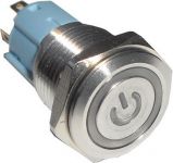 Tlačítko OFF-ON s aretací, 250V/3A, modré prosvětlení LED 5-12Vss, antivandal, do otvoru @16mm, 1x přepínací kontakt 