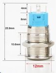 Tlačítko-vypínač OFF-ON s aretací, 250V/2A, modré prosvětlení LED 12Vss, antivandal, do otvoru @12mm, krytí IP44